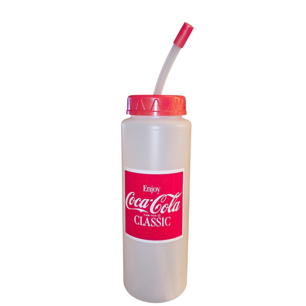 Coca Cola Classic Red Cap White‎ Plastic Water Bottle with Straw